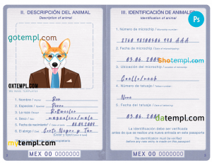 free Mexico dog (animal, pet) passport PSD template, completely editable