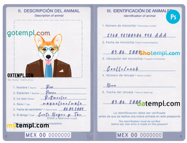free Mexico dog (animal, pet) passport PSD template, completely editable
