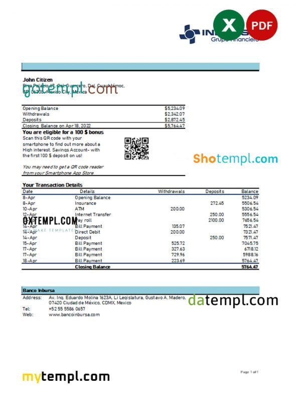 Mexico Inbursa bank statement Excel and PDF template, version 2