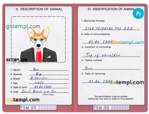 free Micronesia dog (animal, pet) passport PSD template, fully editable