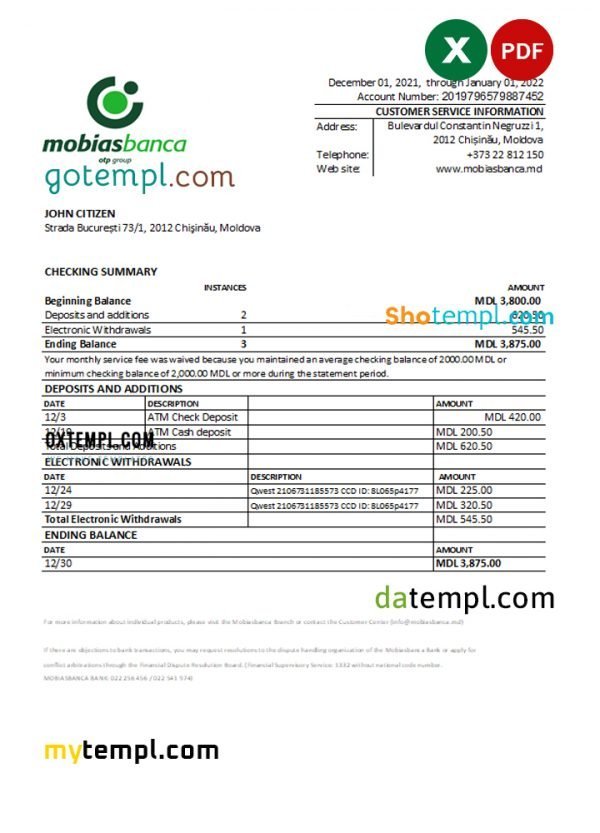 Moldova Mobiasbanca bank statement Excel and PDF template