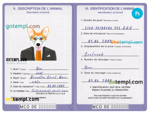 free Monaco dog (animal, pet) passport PSD template, fully editable