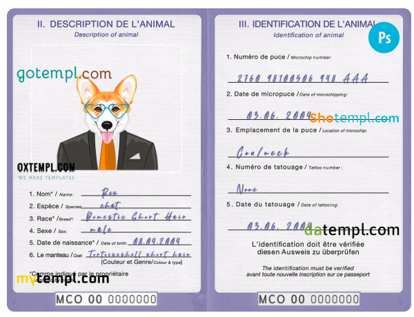 free Monaco dog (animal, pet) passport PSD template, fully editable