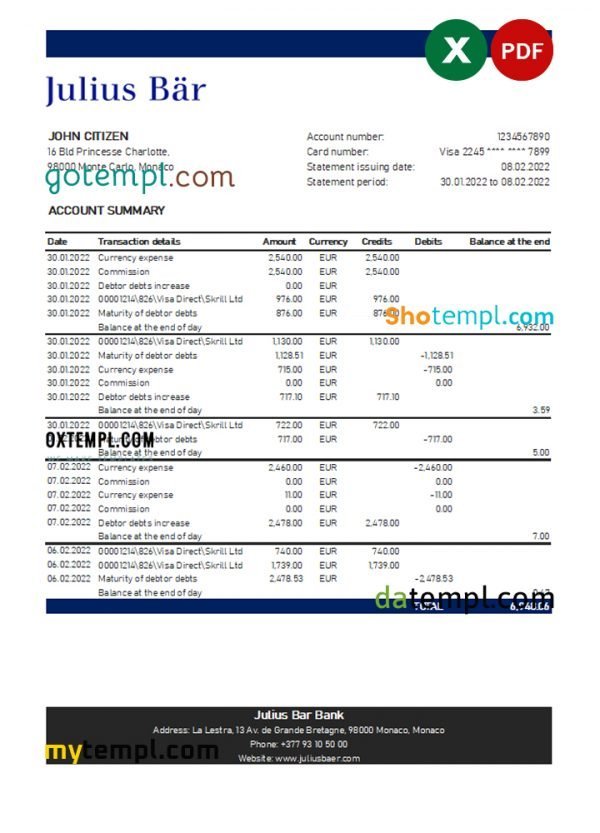 Monaco Julius Bar bank statement Excel and PDF template