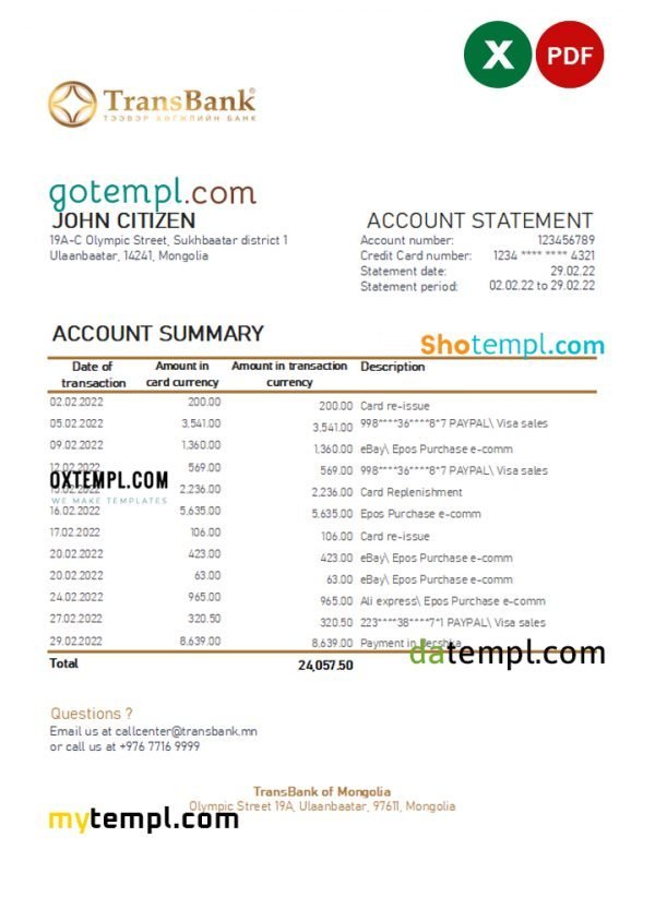 Mongolia Transbank bank statement Excel and PDF template