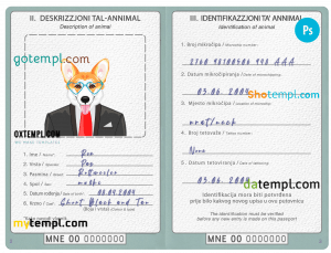 free Montenegro dog (animal, pet) passport PSD template, fully editable