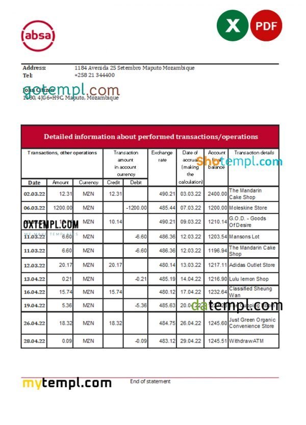 Mozambique ABSA bank statement Excel and PDF template