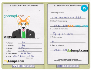 free Myanmar dog (animal, pet) passport PSD template, completely editable
