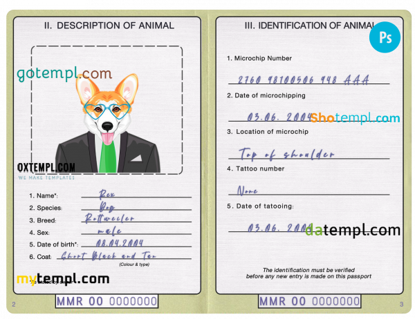 free Myanmar dog (animal, pet) passport PSD template, completely editable