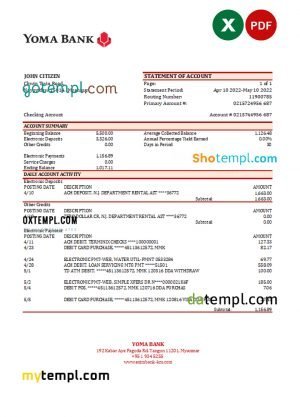 Myanmar Yoma bank statement Excel and PDF template