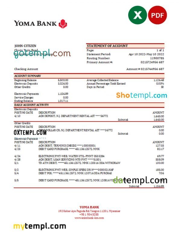 Myanmar Yoma bank statement Excel and PDF template