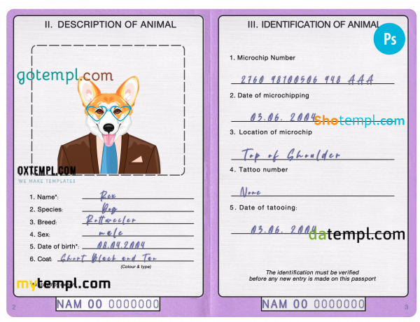 free Namibia dog (animal, pet) passport PSD template, fully editable