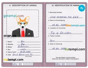 free Nauru dog (animal, pet) passport PSD template, fully editable