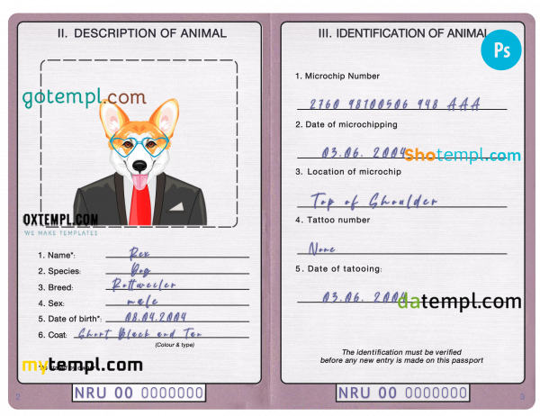 free Nauru dog (animal, pet) passport PSD template, fully editable