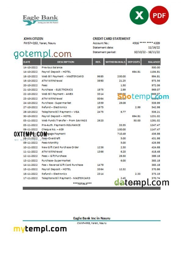 Nauru Eagle bank statement Excel and PDF template