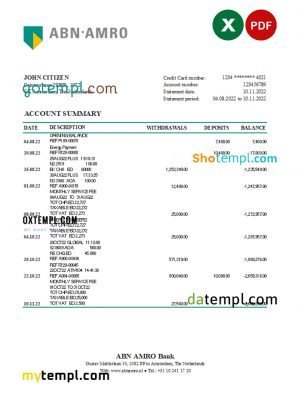 Netherlands ABN AMRO bank statement Excel and PDF template