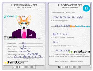 free Netherlands dog (animal, pet) passport PSD template, fully editable
