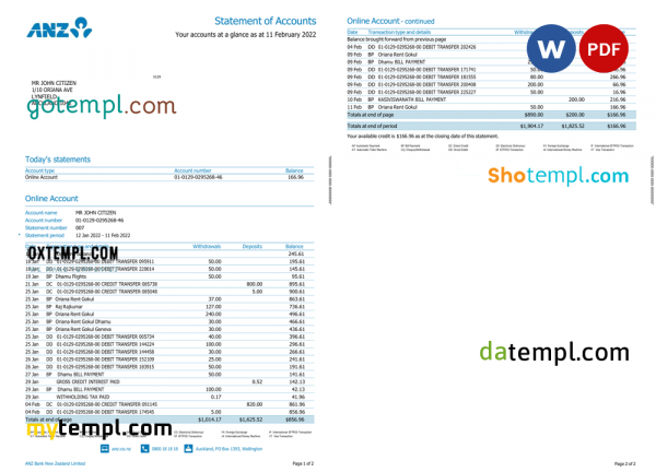 New Zealand ANZ bank account statement, Word and PDF template, 2 pages