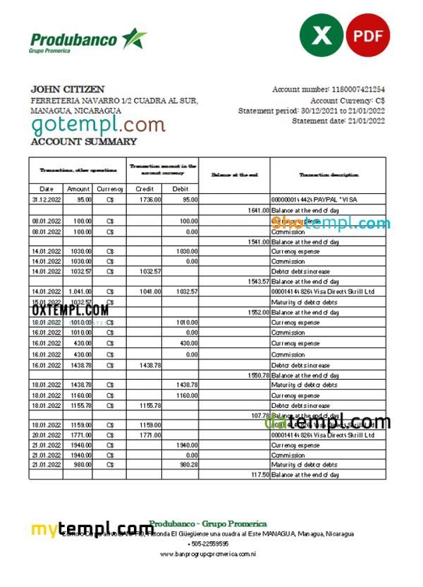 Nicaragua Banco de la Producción bank statement Excel and PDF template