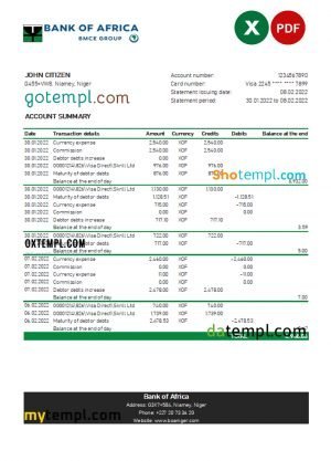 Tajikistan Spitamen Bank statement, Excel and PDF template