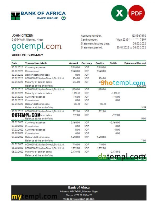 Niger Bank of Africa bank statement Excel and PDF template