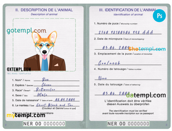 free Niger dog (animal, pet) passport PSD template, completely editable