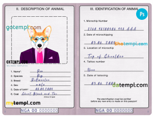 free Nigeria dog (animal, pet) passport PSD template, fully editable