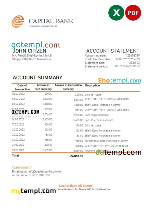 North Macedonia Capital Bank statement Excel and PDF template