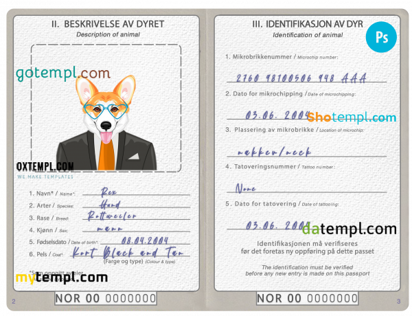 free Norway dog (animal, pet) passport PSD template, fully editable