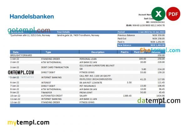 Norway Handelsbank statement Excel and PDF template