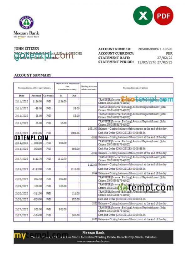 Pakistan Meezan bank statement Excel and PDF template