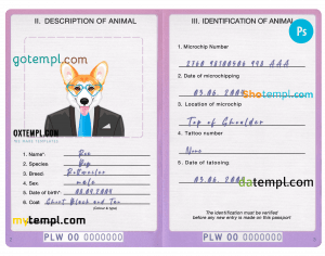free Palau dog (animal, pet) passport PSD template, fully editable