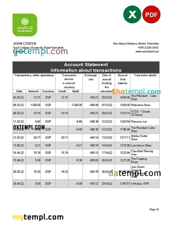 Palestine Quds bank statement Excel and PDF template