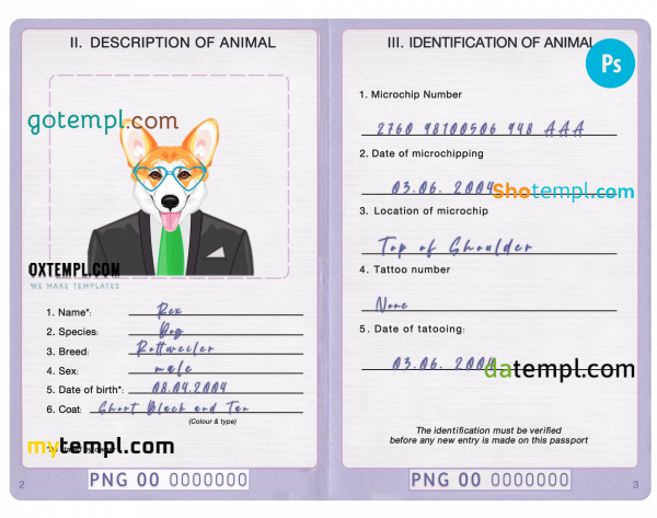 free Papua New Guinea dog (animal, pet) passport PSD template, fully editable
