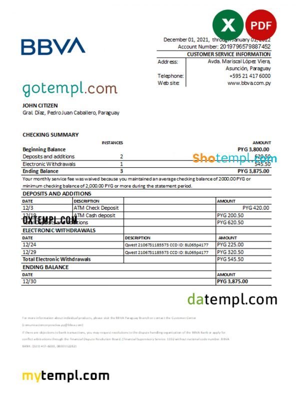 Paraguay BBVA bank statement Excel and PDF template