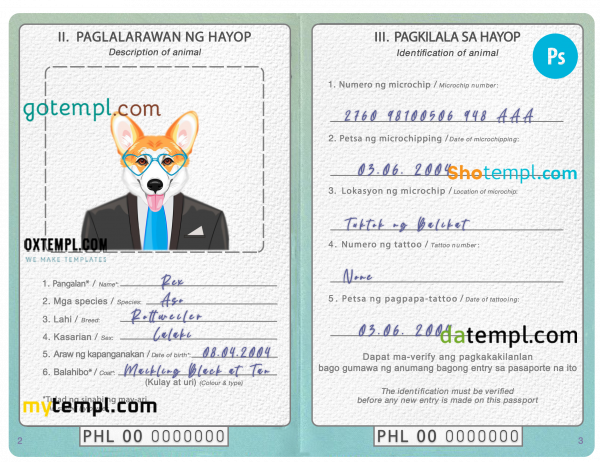 free Philippines dog (animal, pet) passport PSD template, fully editable