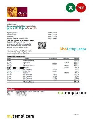 Poland Alior bank statement Excel and PDF template