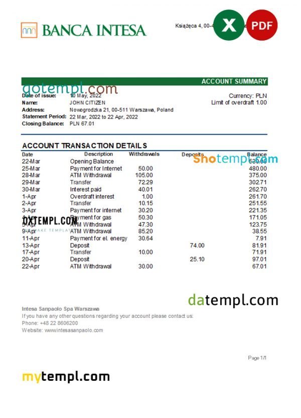 Poland Banca Intesa bank statement Excel and PDF template