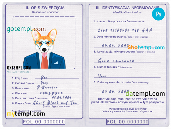free Poland dog (animal, pet) passport PSD template, fully editable