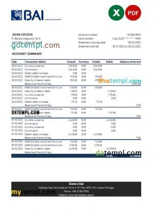 Portugal Banco BAI Europa bank statement Excel and PDF template