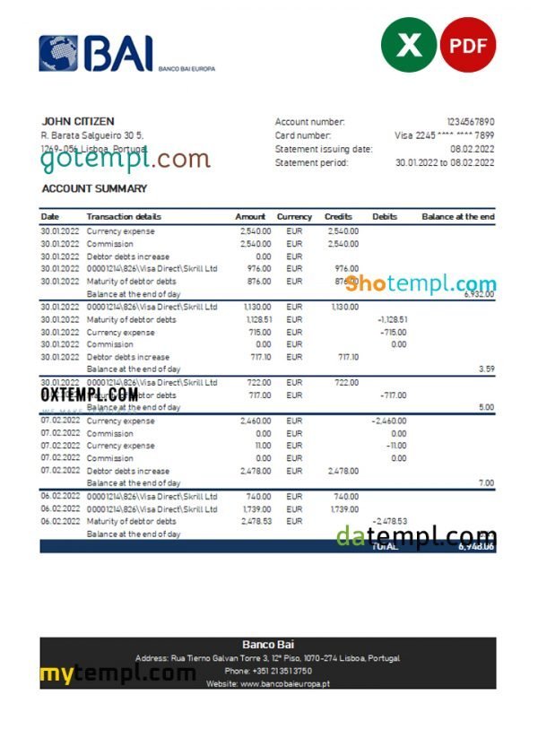 Portugal Banco BAI Europa bank statement Excel and PDF template