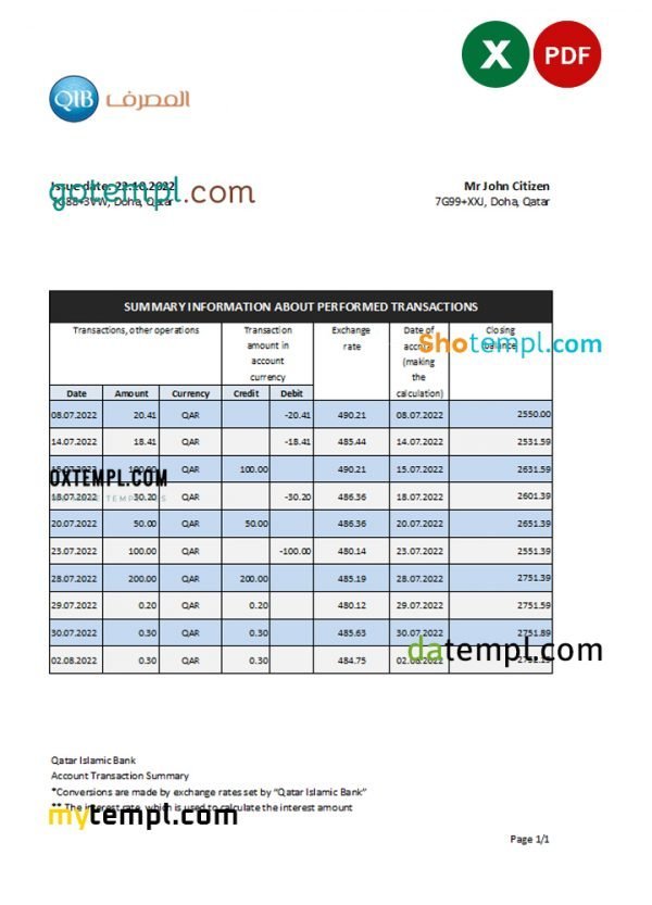 Qatar Islamic bank statement, Excel and PDF template