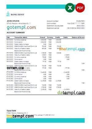Russia Zenit bank statement, Excel and PDF template