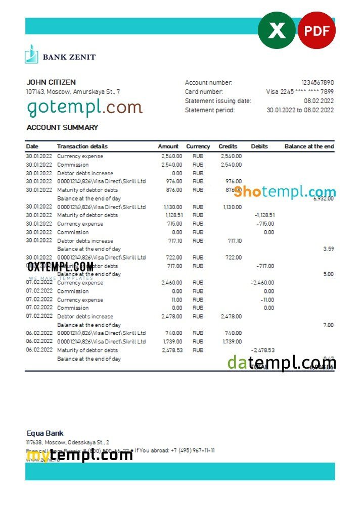 Russia Zenit Bank Statement Excel And PDF Template GOTEMPL 