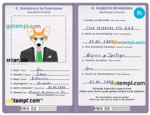 free Rwanda dog (animal, pet) passport PSD template, fully editable