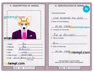 free Saint Kitts and Nevis dog (animal, pet) passport PSD template, fully editable