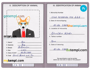 free Saint Lucia dog (animal, pet) passport PSD template, completely editable