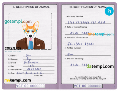 free Saint Vincent and the Grenadines dog (animal, pet) passport PSD template, fully editable