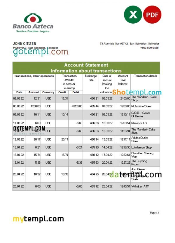 Salvador Banco Azteca bank statement, Excel and PDF template