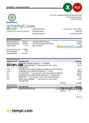Salvador Bandesal bank statement, Excel and PDF template